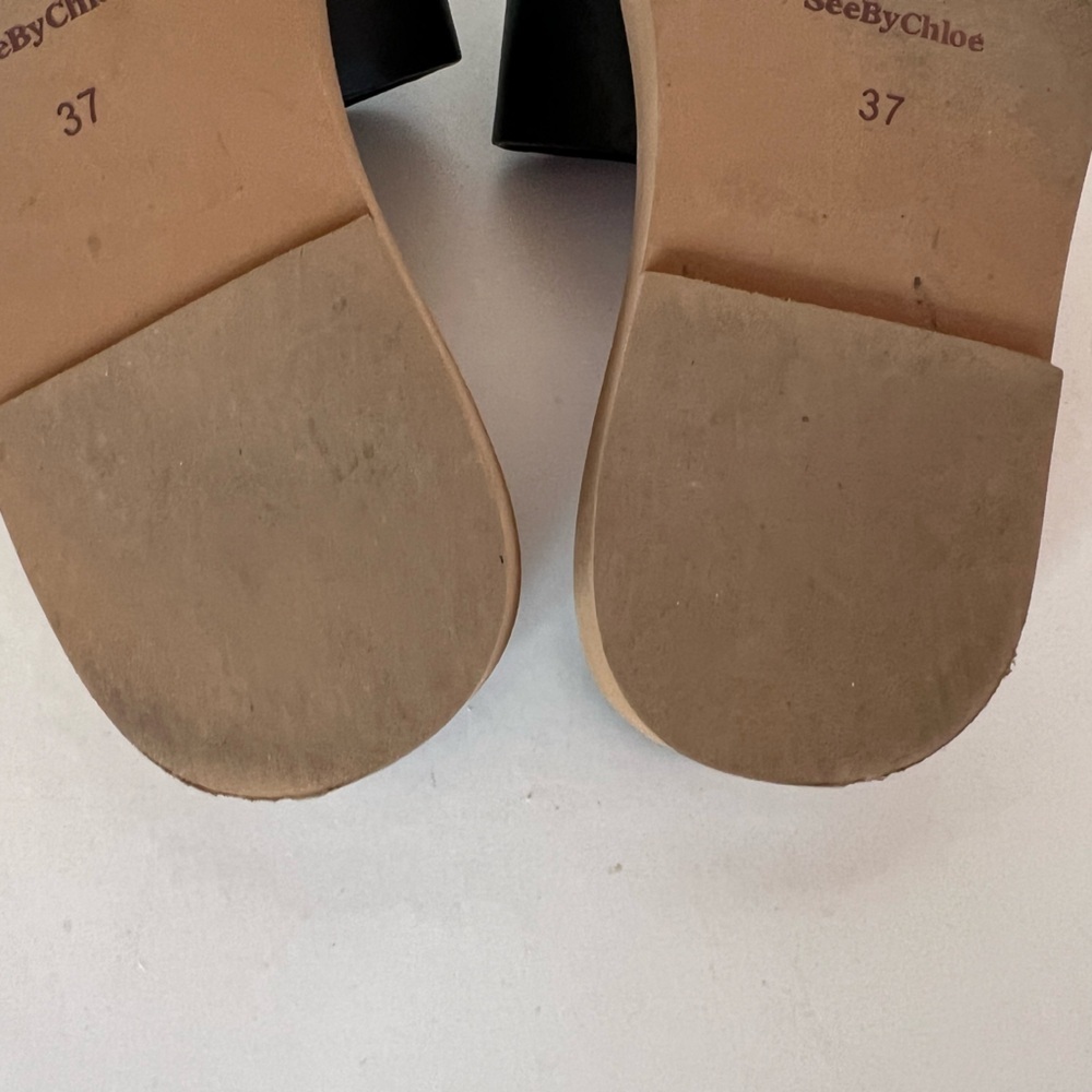 See by Chloé Essie Black Leather Mule Sandals with Tan Soles, size 37 - Picture 9 of 13